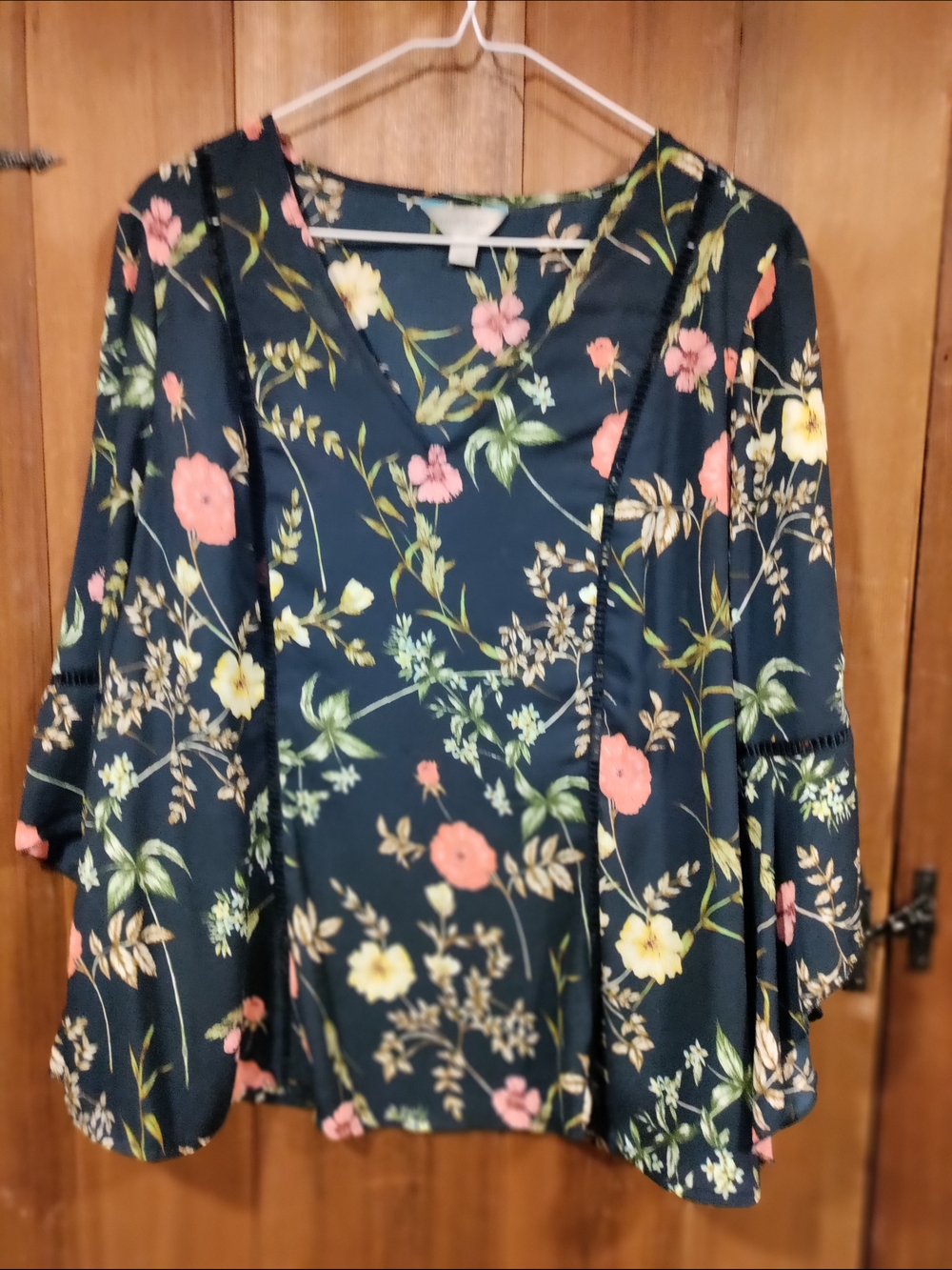 Belle Sky Floral V-Neck Bell Sleeve Top - Navy with Pink & Yellow Flowers